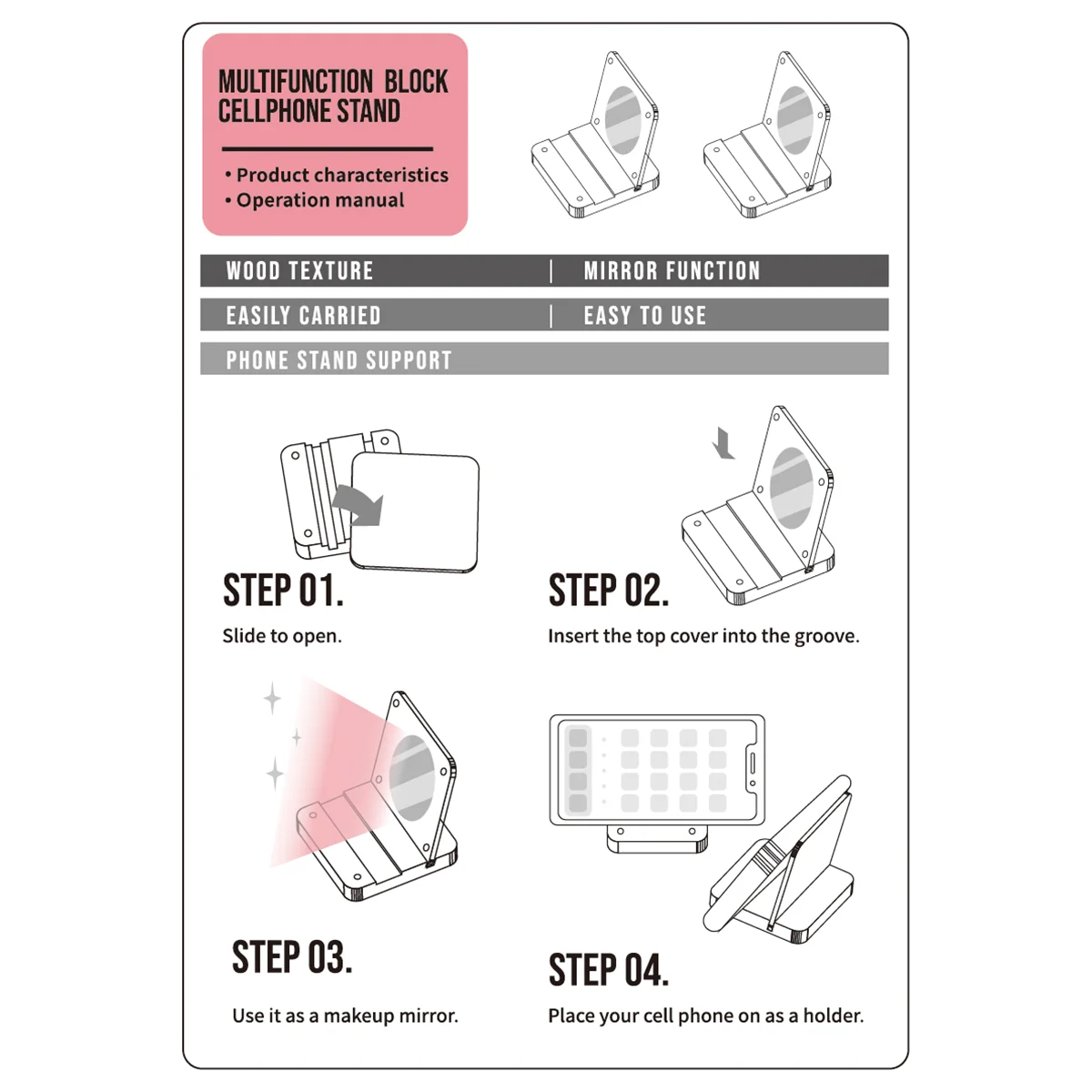 Wood Block Portable Mirror Mobile Phone Holder Stand Cat Green for Phone Accessories