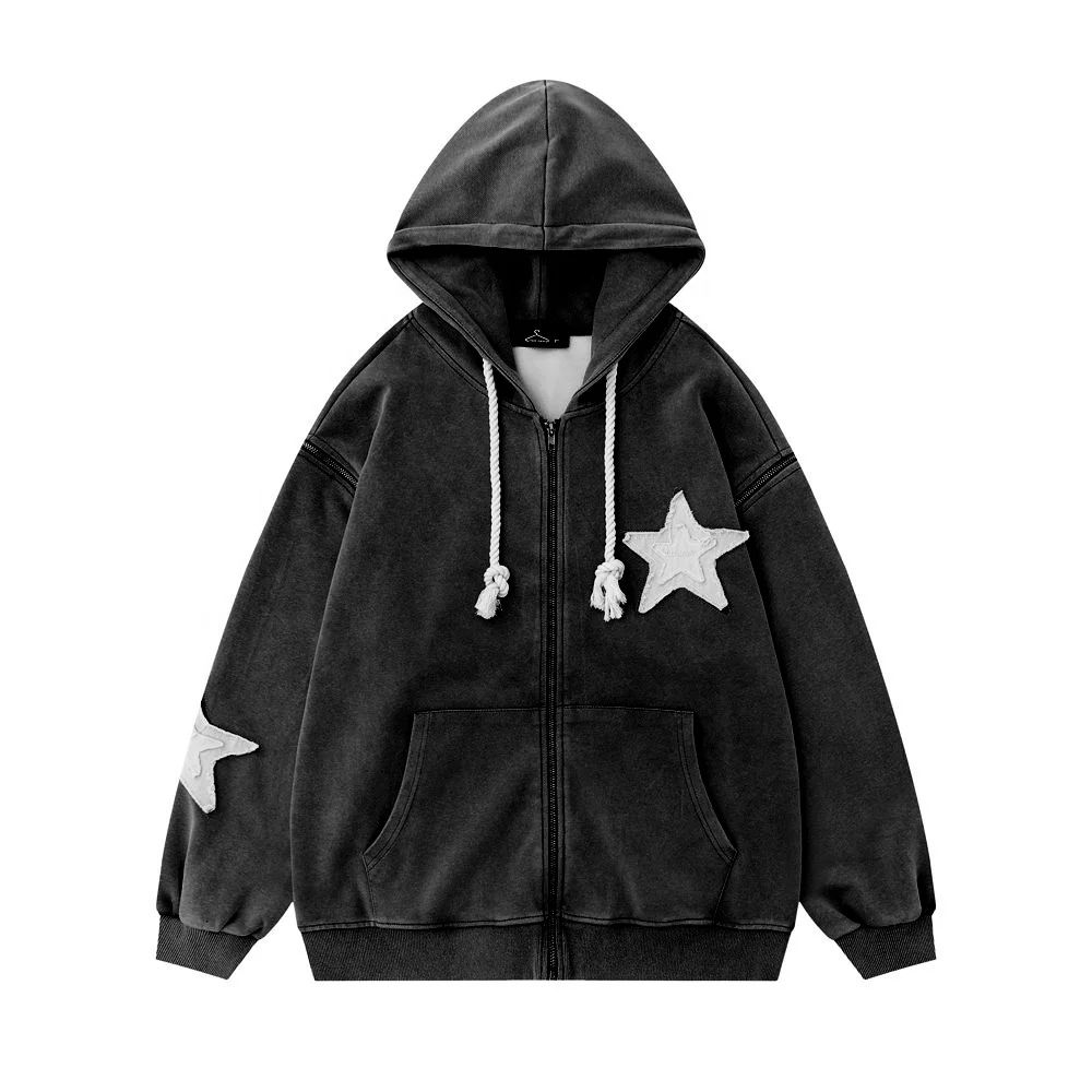 Manufacturer Custom Vintage Distressed Embroidery Patch Hoodies Men Zip Up Hoodie Removable Sleeve Hoodie