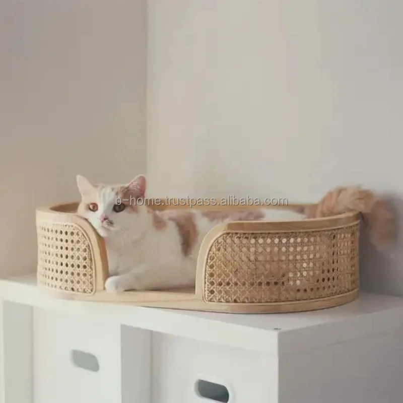 Wholesale Natural Rattan Pet Bed from Vietnam Hand Woven in Blue and Pink Breathable Wicker Material Direct Buy
