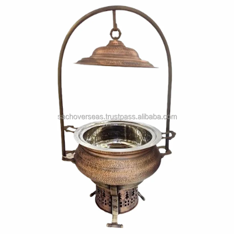 Traditional Smokey Finish and Hammered Chafing Dish with Brass Lid Holder and Sigdi Stand for Sale
