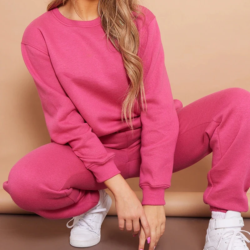 Women Tracksuits 2 Pieces Sets Custom Fleece Crew Neck Pullover  Fitness Sweatshirt with Jogging Sweatpants