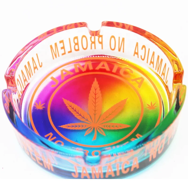 Bulk Sales Popular Glass Ashtray with Personality Printing Portable Creative Round Smoking Clear Ash Tray Set for Cigar