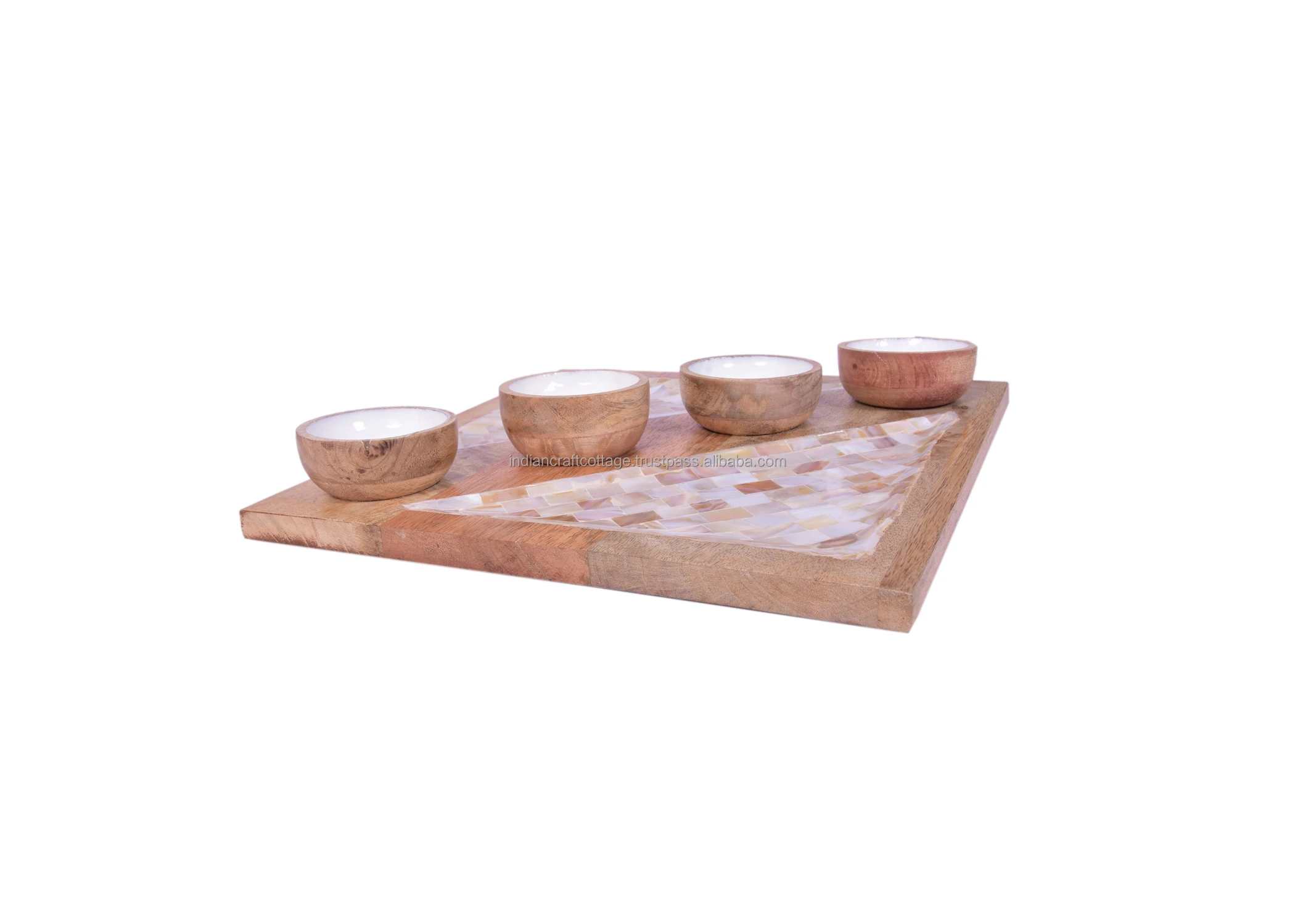 Mother of Pearl wooden snack platter Round serving tray Rustic platters Serving platters with four Bowls
