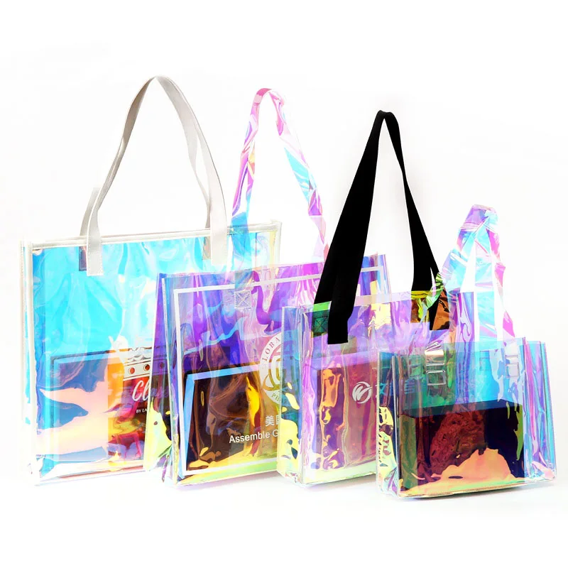 Wholesale Fashion Waterproof Transparent Holographic Laser Pvc Tote Shopping Bags Hologram Iridescent Clear Shoulder Bag