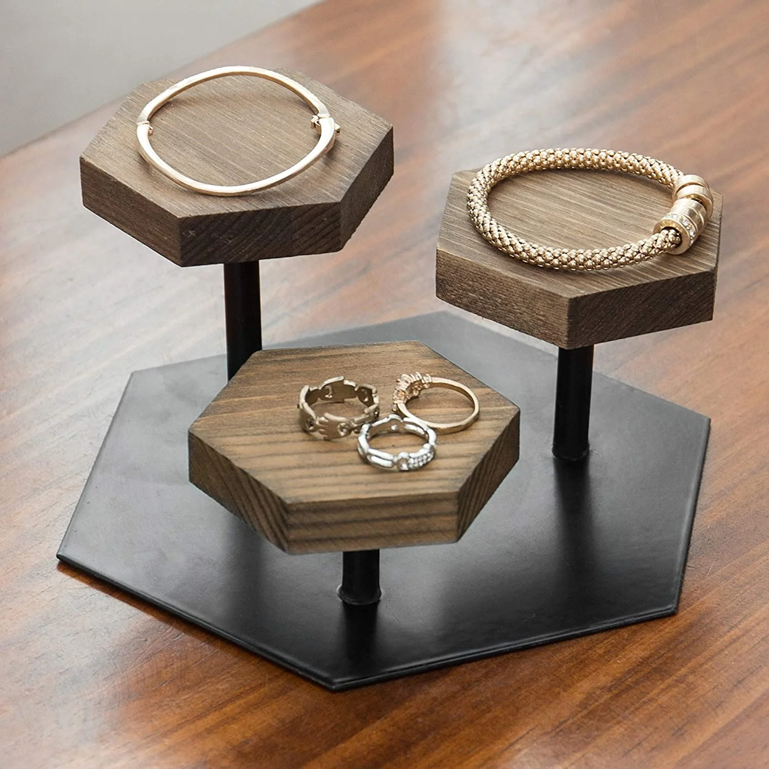 Rustic Distressed Gray on Brown Wood and Vintage Galvanized Silver Metal Tea Bag Holder Dispenser Server Display Rack Tray