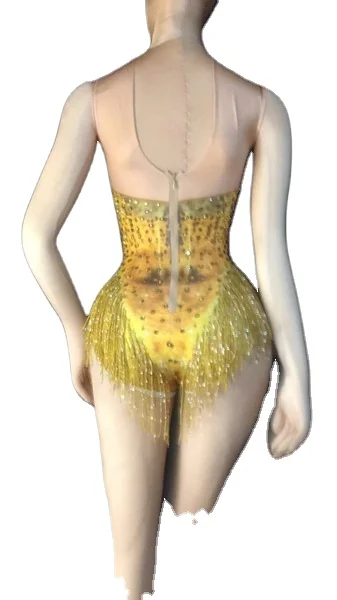 Shemax Stage Performance Dance Wear Singer Pole Dancing Bodysuit Gold Fringe Leotard Nude Spandex