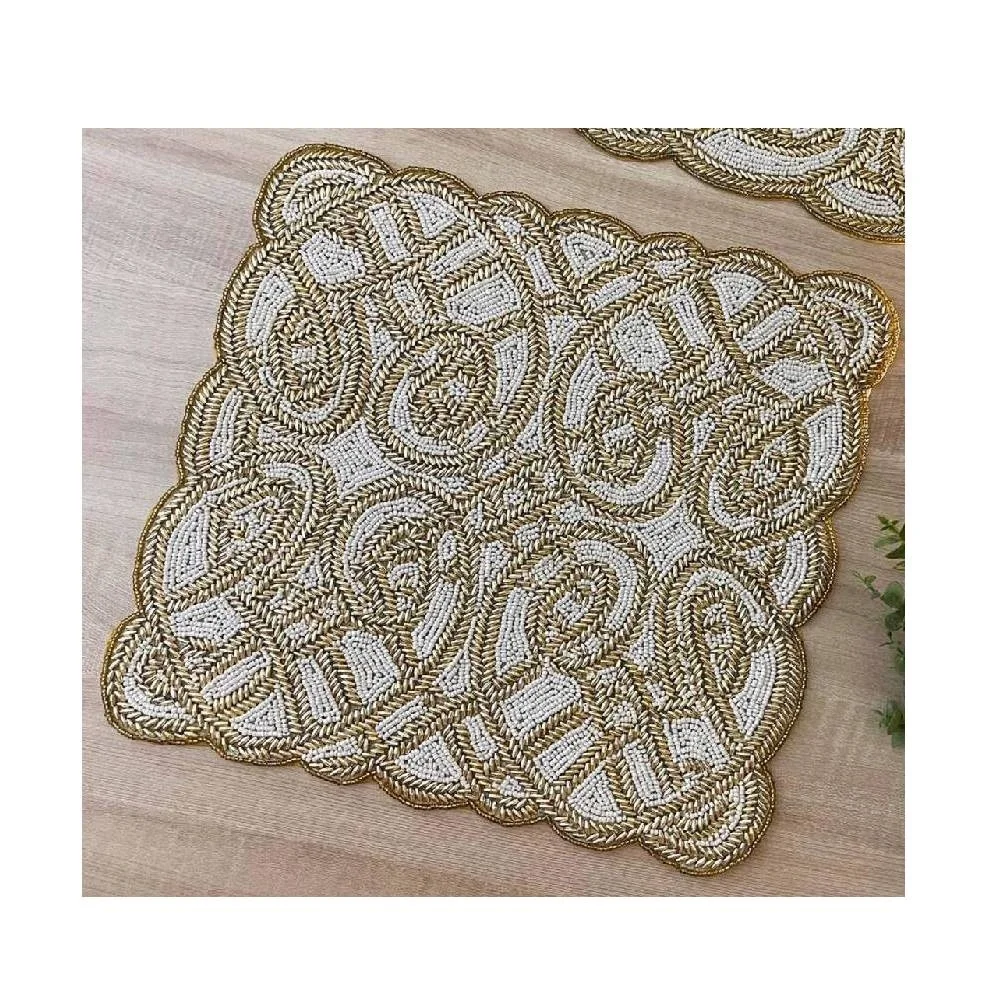Golden Color Glass Handmade Beads Table Place Mats Charger Plats Mat Tableware Wedding Festive Ocasion Home Decor Place Mat
