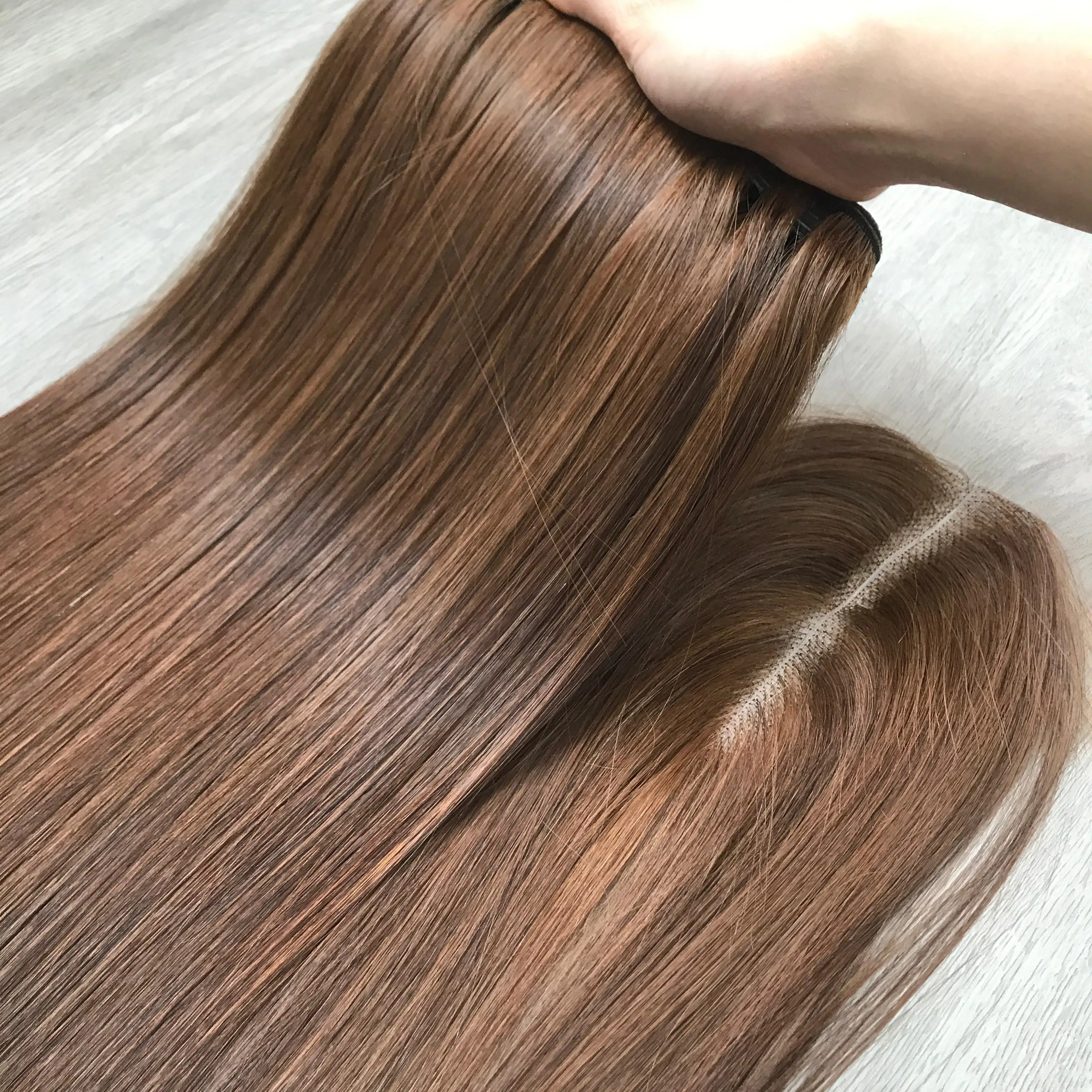 Human Silky Straight Brown color bundle With closure Transparent lace, swiss HD Lace Frontal Vietnamses Hair, Hair Ex
