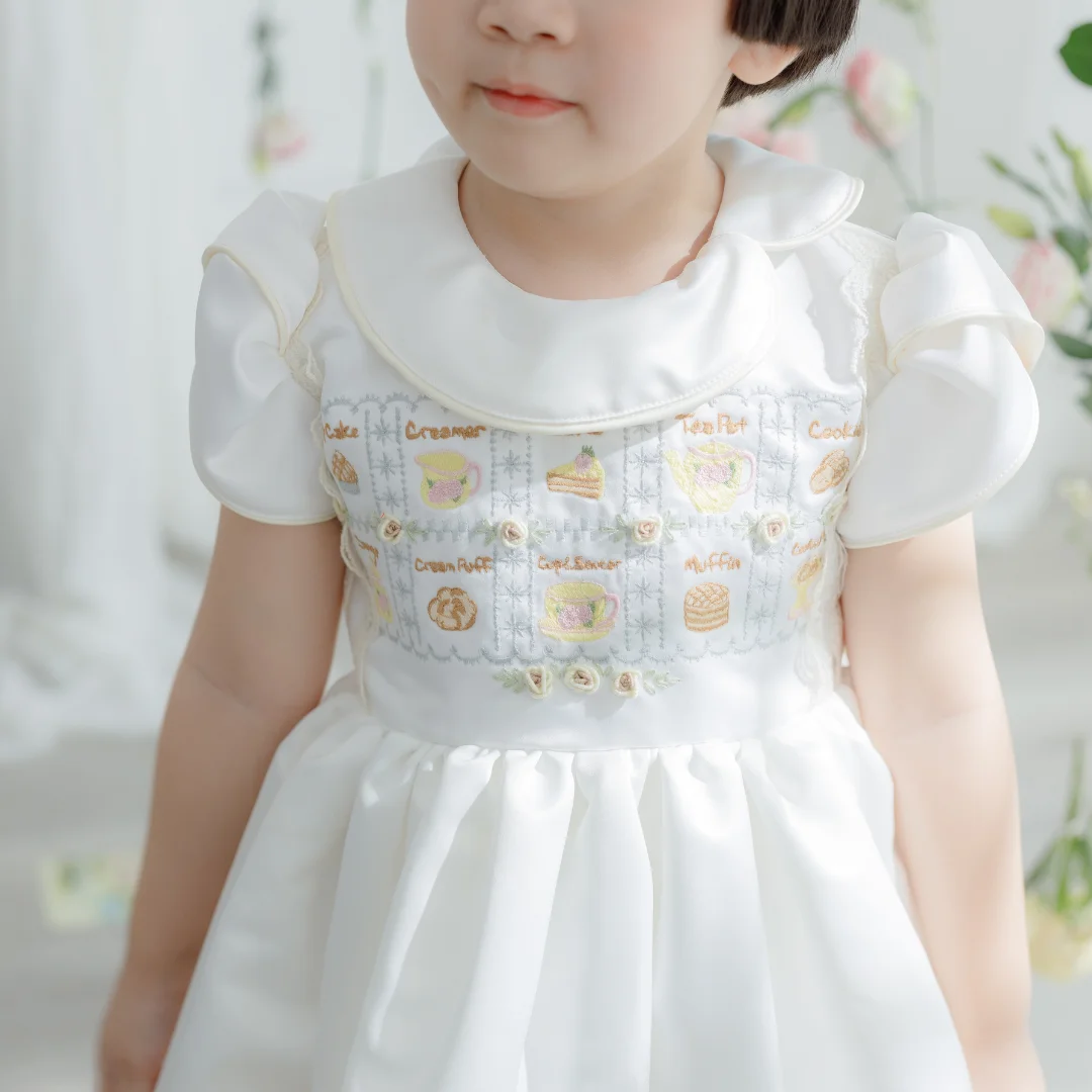 Taffeta Multi Layer Baby Girl Dress Machine Embroidery Milk Tea And Cartoon White Short Sleeve Evening Gown Children Clothes-Pam