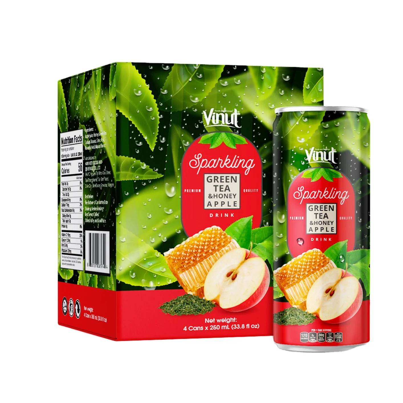 
250ml Carbonated drinks VINUT Can (Tinned) Green tea & Honey Apple White Label No Sugar Beverage Product Development 