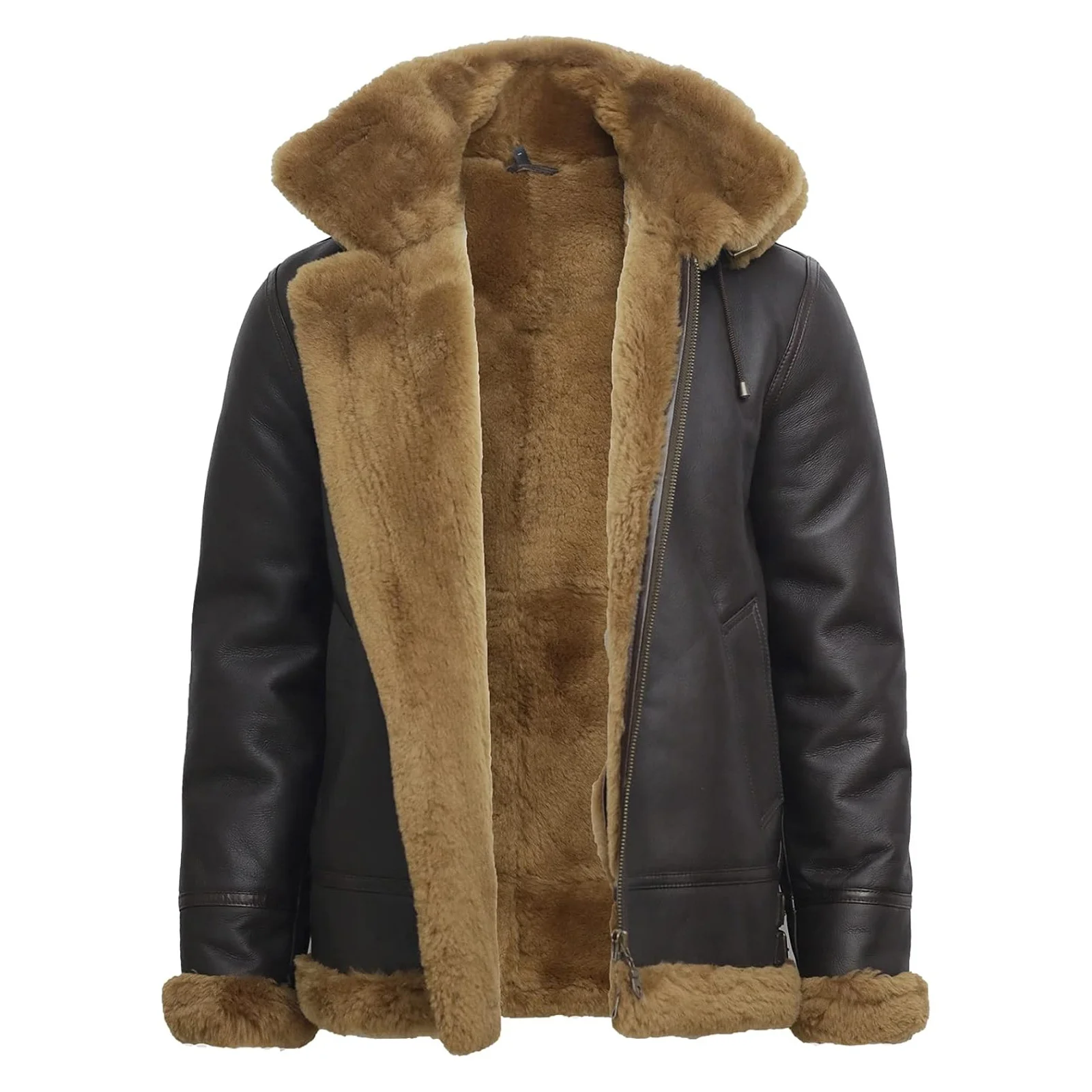 BRANDSLOCK Mens Aviator Flying Genuine Shearling Sheepskin Leather Bomber Hooded Jacket Brown White Sherpa Inner