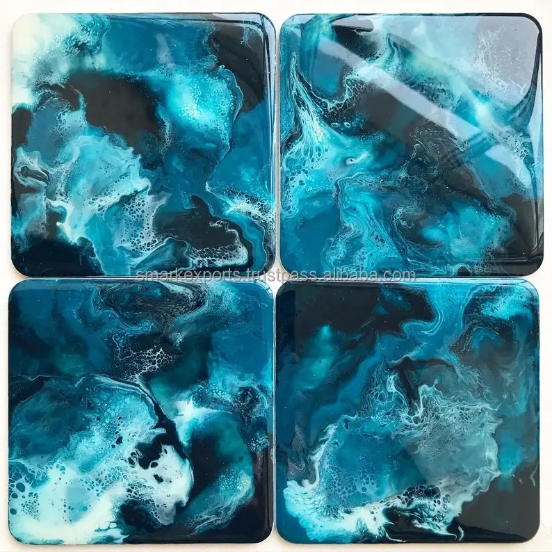 Exclusive Coastal Ocean Resin Coasters Set of 4 Handmade with Deep Blue Waves Ideal for Elegant Dining and Coffee Table Decor