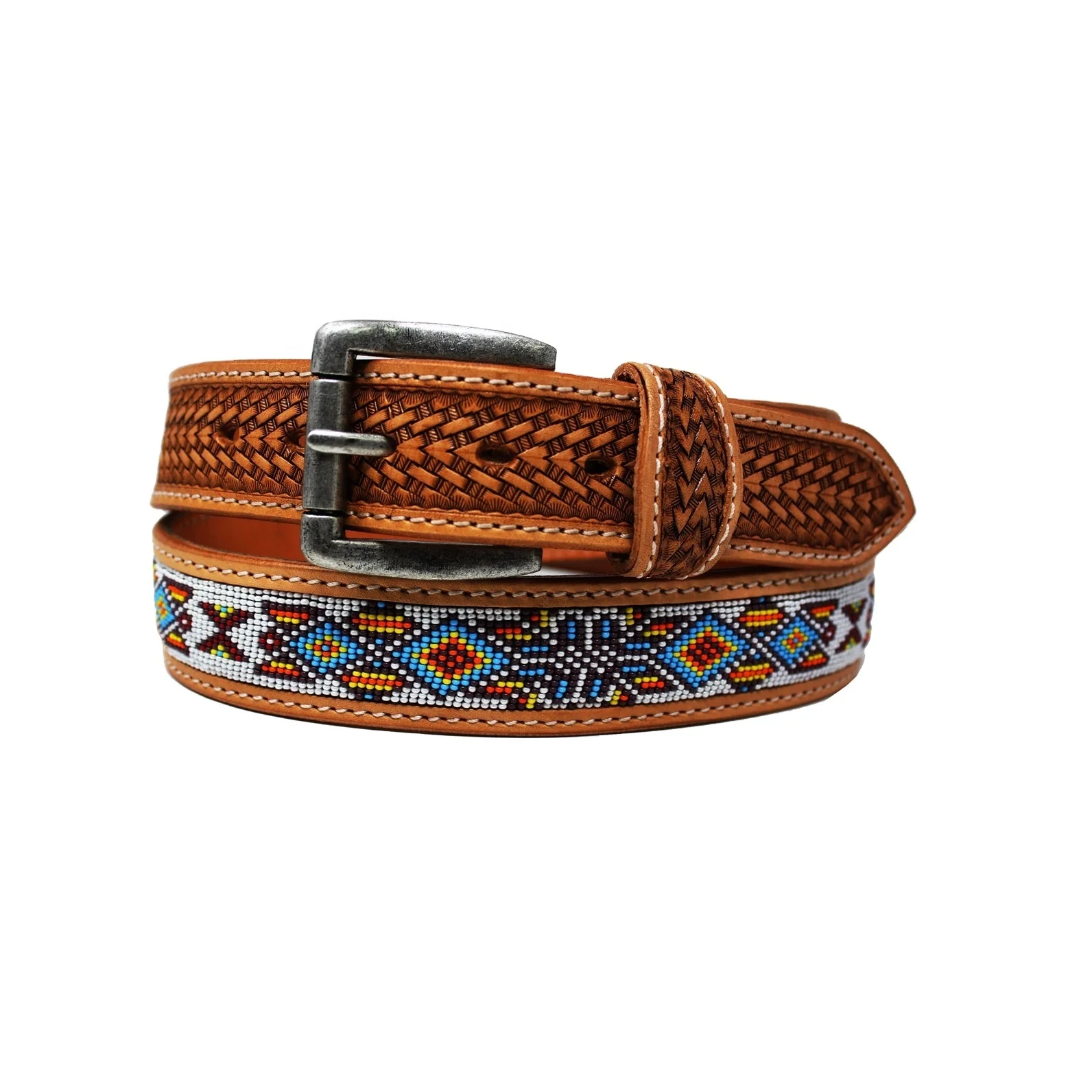 Hot Selling Custom Made Cow Boy Western 100% American Cow Leather Beaded Belt With Hand Tooled Work Manufacturer For Men & Women
