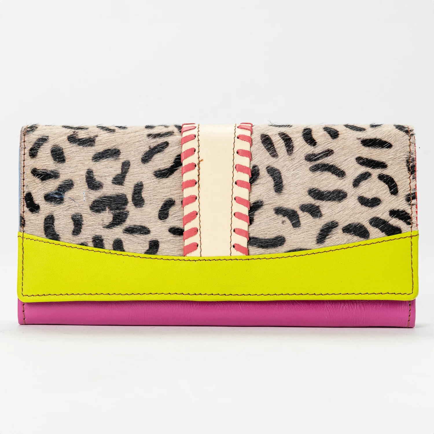 Casual Unisex Genuine Cowhide fur Leather Wallet with Malty Color Card Holder Zipper Closure-Patchwork Design