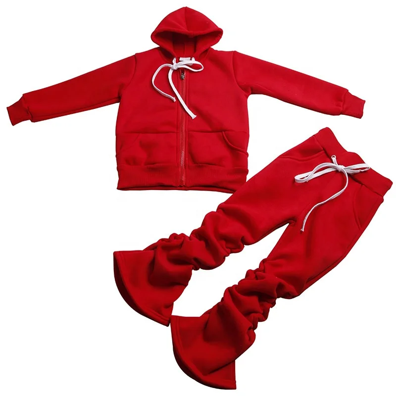 Wholesale Boys Girls Zipper Sweatsuit Stacked Pants Fleece Hoodies Tracksuit Baby Girls Clothing Jogger Sets Winter