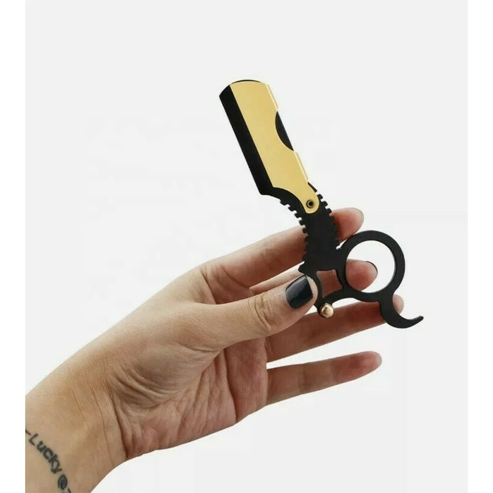 Single Finger Straight Edge Razor / Gold Edge Straight Barber Razor Blades Finger Ring Shaving Steel Folding Knife