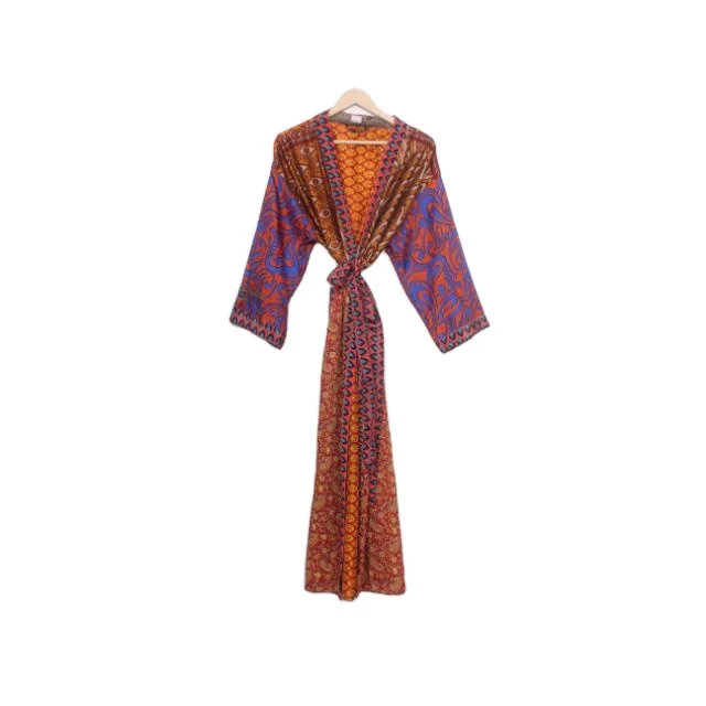 Soft Vintage Floral Silk Sari Kimono Recycled Silk Sari Dressing Gowns Beach Wear Dress Gift For Her Woman Bath Robe Gown