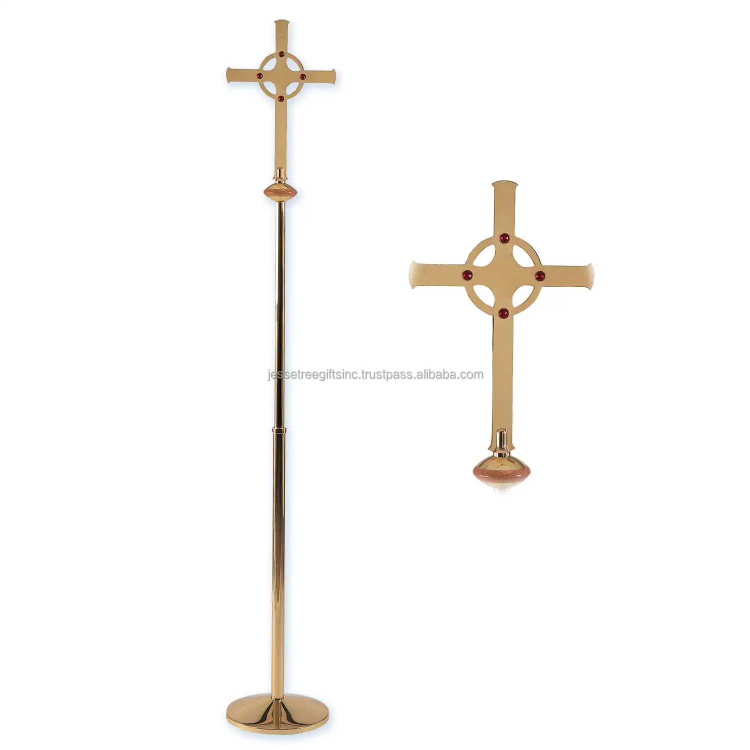 Brass Handmade Cross With Shiny Polish Finishing Round Base Modern Design With Beads Inlay Good Quality For Church