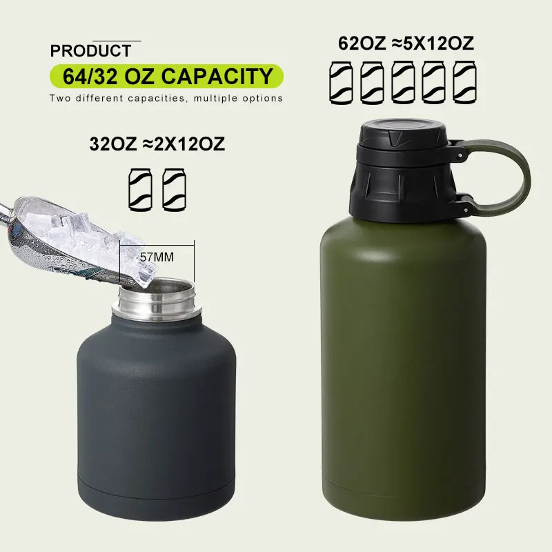 32oz 64oz Stainless Steel Double Wall Travel Pot Vacuum Beer Growler with Handle Lid Custom Logo Vacuum Flask Water Jug