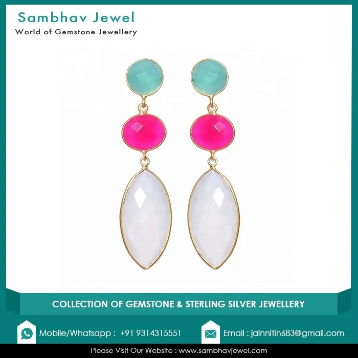 Charming Party Gold Plated Wedding Natural Multi Chalcedony Gemstone 925 Sterling Silver Drop Long Women Fashion Earring Jewelry
