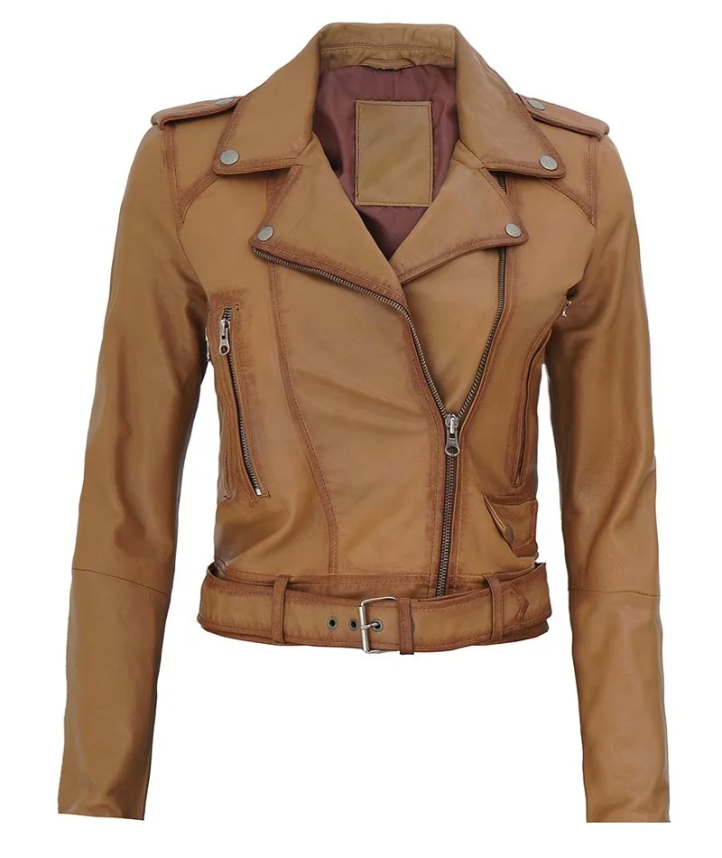 Genuine Buffalo Leather Jacket Customized Design Golden Brown Color Women Biker Leather Fashion Jacket