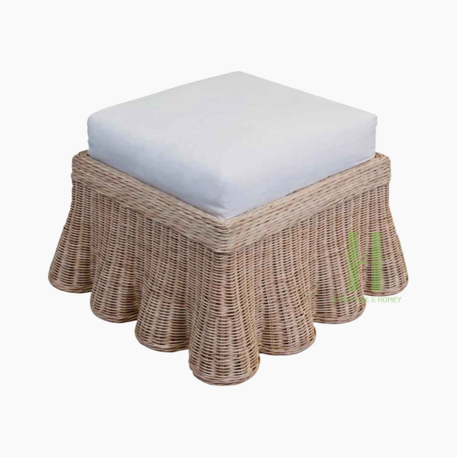 Boho Rattan Scallop Ottoman with White Cushion Luxury Square Wicker Stool Customized Packing in Vietnam Factory