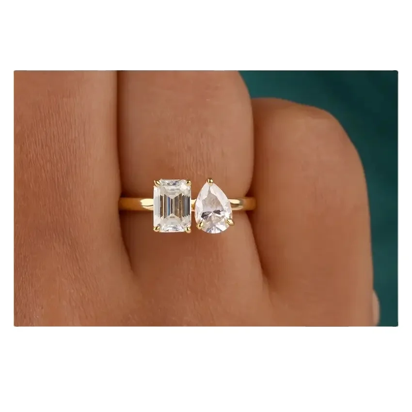 Premium Quality Two Stone Solitaire Ring 2.00 TCW Emerald and Pear Cut Colorless Moissanite Engagement Wedding Ring