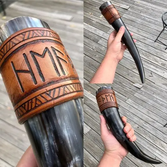 Hand Crafted Indian Viking Drinking Horn with Customized leather Holder With Viking Drinking Horn Mug Agate By Mehak Impex