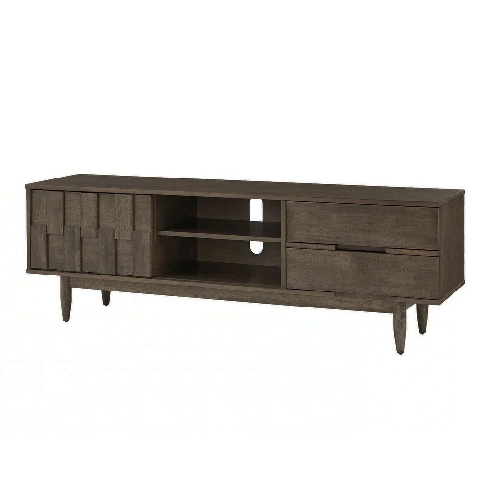 Mid-Century TV Stand  Solid Teak Wood With 2-Drawer and Dark Brown Natural Finish