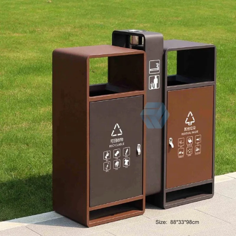 HYX Outdoor Park Wpc Wood Garbage Trash Can Outside Public Garden 2 Comartment Waste Container Bin Commercial Recycling Dustbin