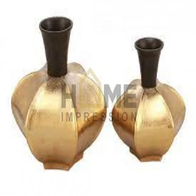 Gold Powder Coated Metal Iron Vase Set Of 2 Brown Color Neck Home Decorative Flower And Planters Garden Ware Accessories