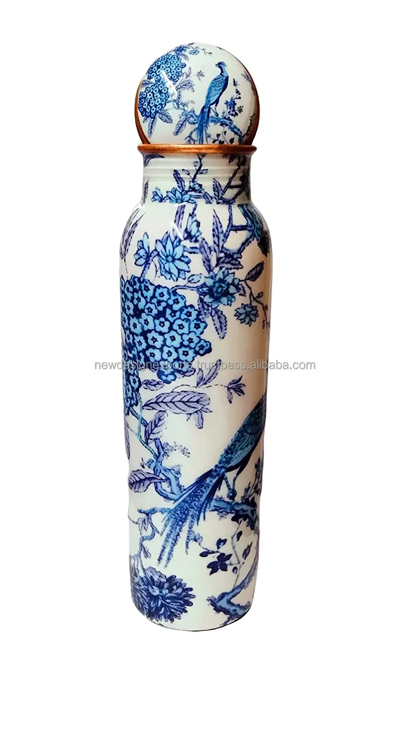 Бутылка для воды из чистой меди премиум-класса с принтом Meena офиса и Аюрведического пользования здоровья (1000 мл) дизайн павлина