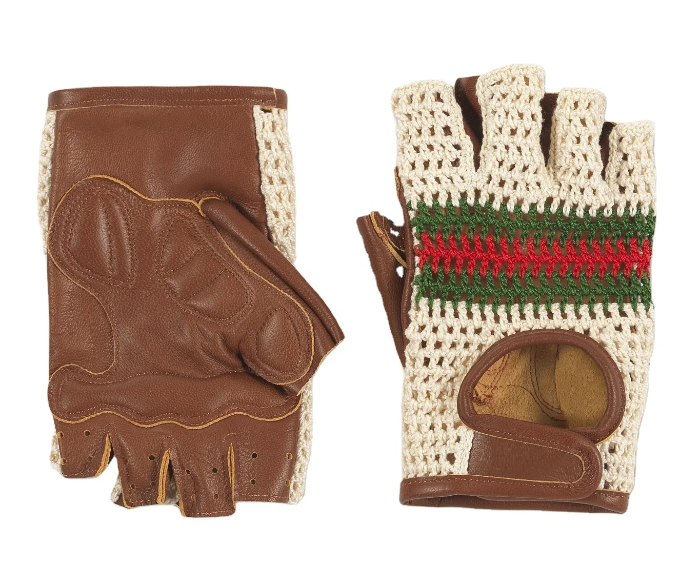 Bicycle Gloves Cycle Gloves with Leather Palm, Knitted Crochet Back Palm made by Leather Back Knitted Mesh Hook-and-loop