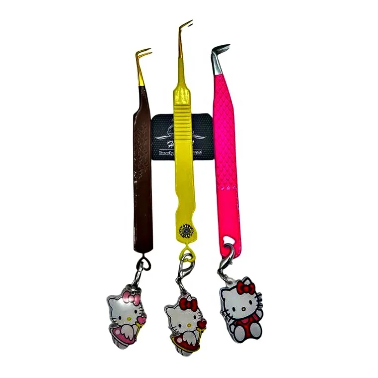 Lash Tweezer with Hello Kitty Keychains Heart Design Eyelash Extension Tweezer Fiber Tips Tweezers Eyelash Extension Supplies
