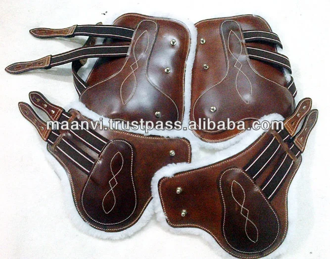 Fancy Customized Leather Horse Ankle & Tendon Boot set with softy leather padding brass hardware white stitching