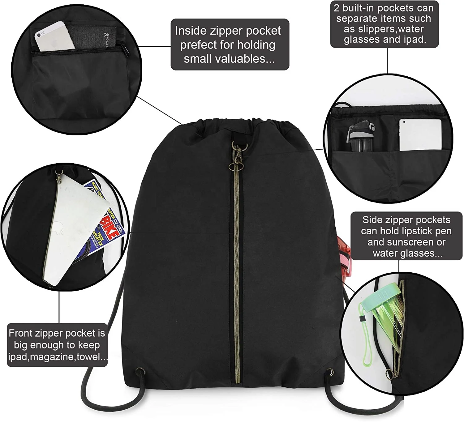 Drawstring Backpack with 3 Zipper Pocket and 2 Inside Pouch Drawstring bags Swim Bag sports Cinch Sack String bag