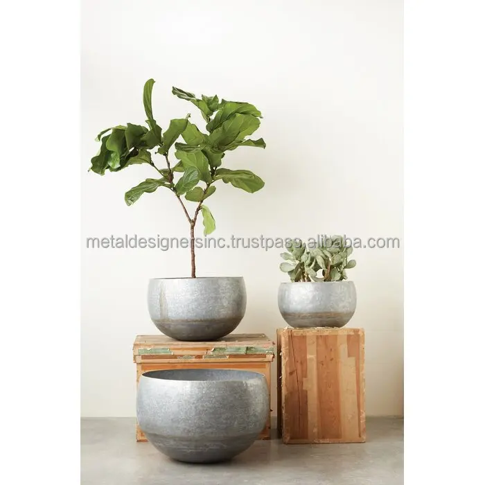 Metal 9 Galvanized planters with black metal stand holding planters for indoor and out door use