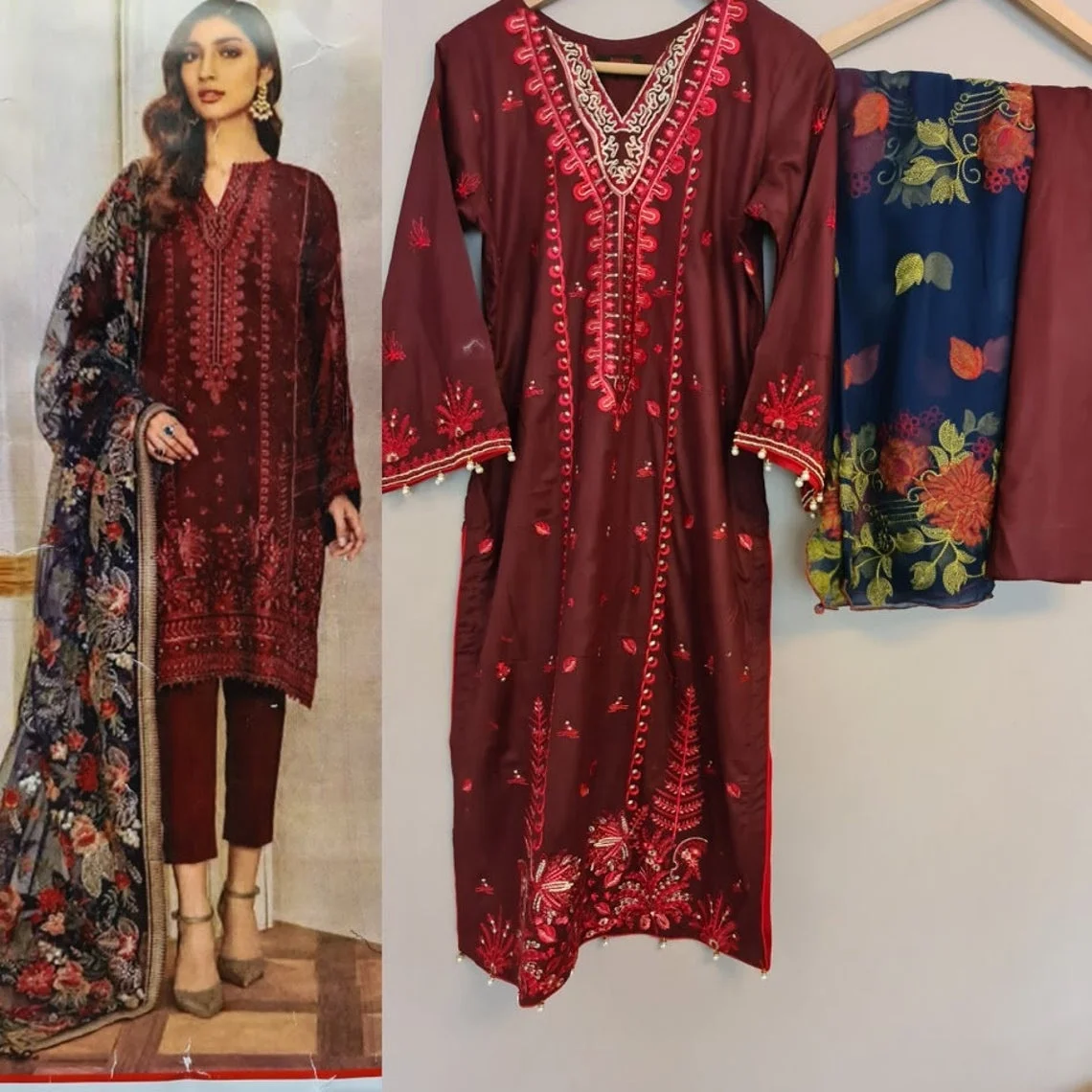Indian Pakistani Maroon Embroidered Clothes Shalwar Kameez Lawn Hot Selling Dress 2021