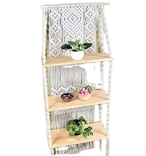 Bohemian Style Hand-Woven Macrame Wall Hanging Floating Shelf for Living Room Decorations Wall Decor