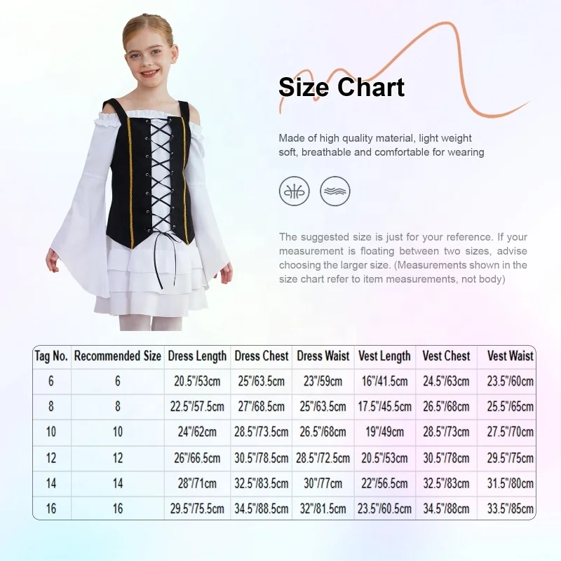 6-16 2pcs Girls Kids Halloween Pirate Cosplay Costumes Victorian Pirate Costumes Long Sleeve Dress And Suede Sets
