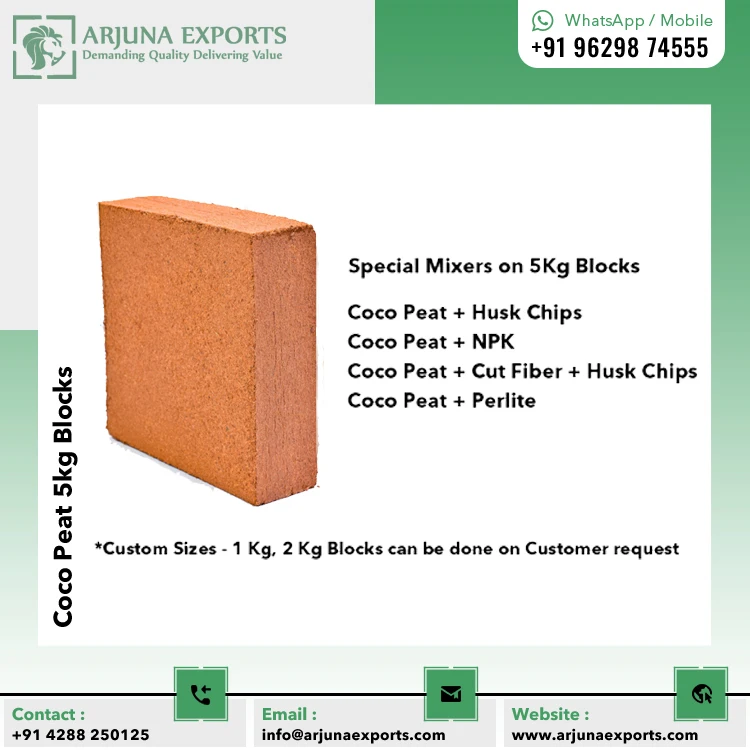 Premium Quality Coconut Coir Peat or Coco Pith 5kg Bricks for Potting Mix Suppliers at Wholesale Price
