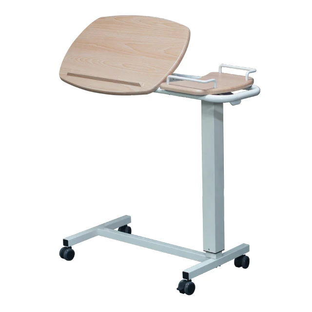 Modern Adjustable Gas-Spring Overbed Table ENT-1110H Steel Frame Wood Grain Top Hospital Home Bedroom Living Room School Use