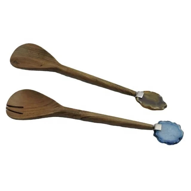 Acacia Wood Spoon with Iron Coated Handle Latest Design 2pcs Salad Spoon Set Server Kitchen Gadgets 2023 Food Serving Spoon