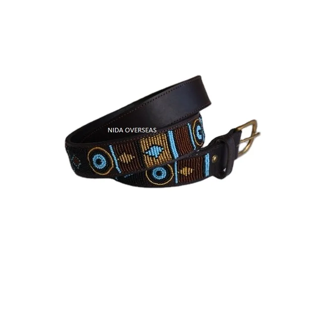 African Pure Hand Beaded Leather Belt Men Ladies Men Leather Indian Belt Tribal Style Ethnic Belt