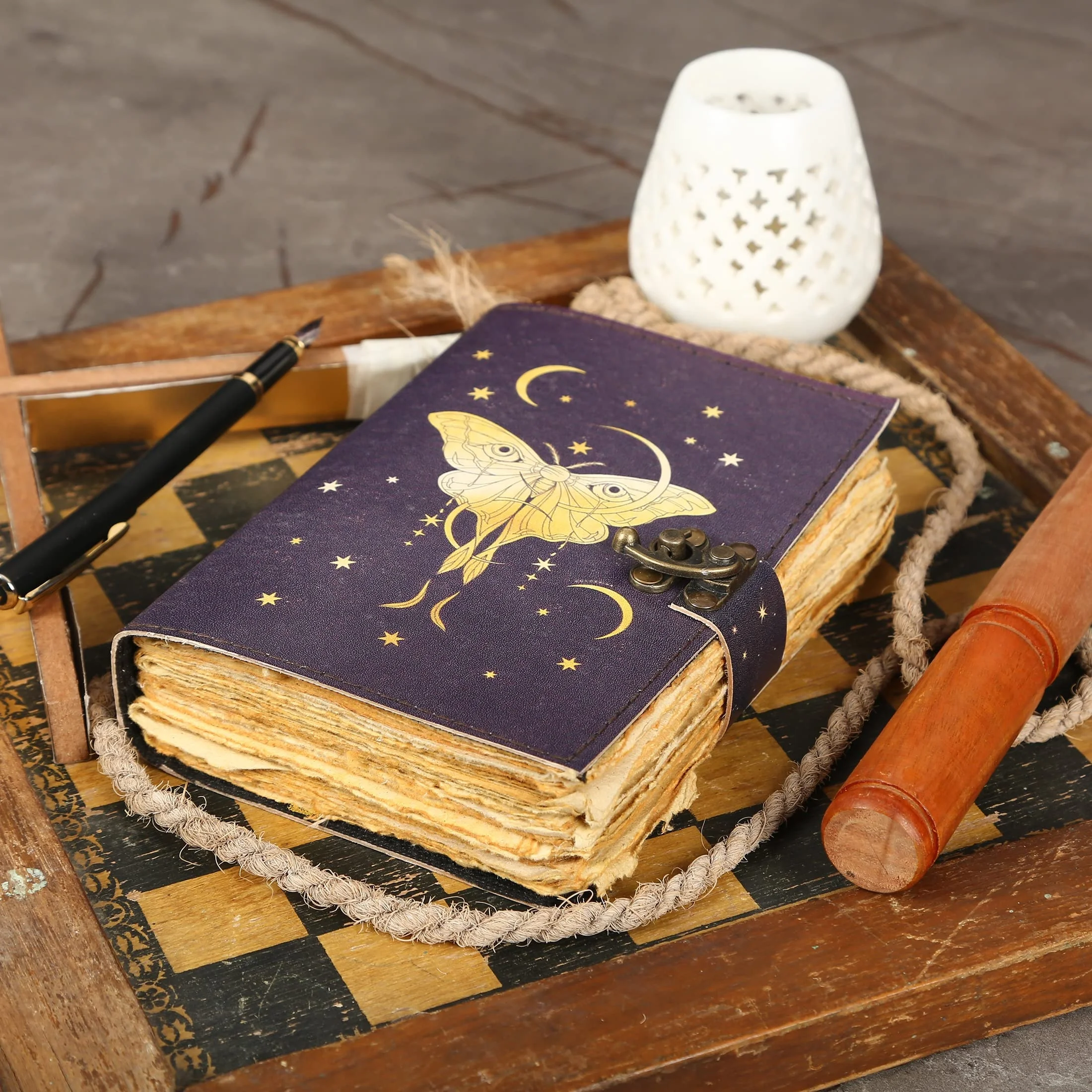 Luna Moth Blank Spell Book Of Shadows Journal with Lock Clasp Vintage Handmade Leather Butterfly Print Diary Prayer Pagan