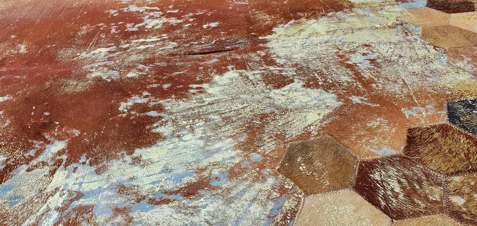 Acid washed cowhide  hairon area rug with foil Beehive design Patchwork cowhide gold devore rug and Handmade Carpets