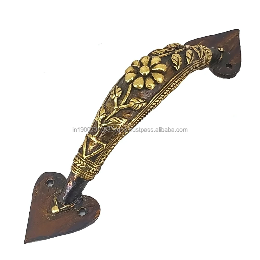 Handcrafted 9 Inch Pure Brass Flower and Leaf Design Door Handle Antique Home Decore India