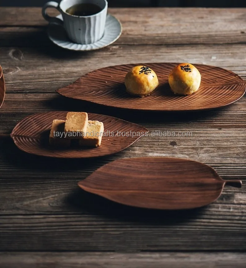 Nature Inspired Leaf Shaped Wooden Serving Tray for Entertaining Bring the Outdoors to Your Table with Agate Accents