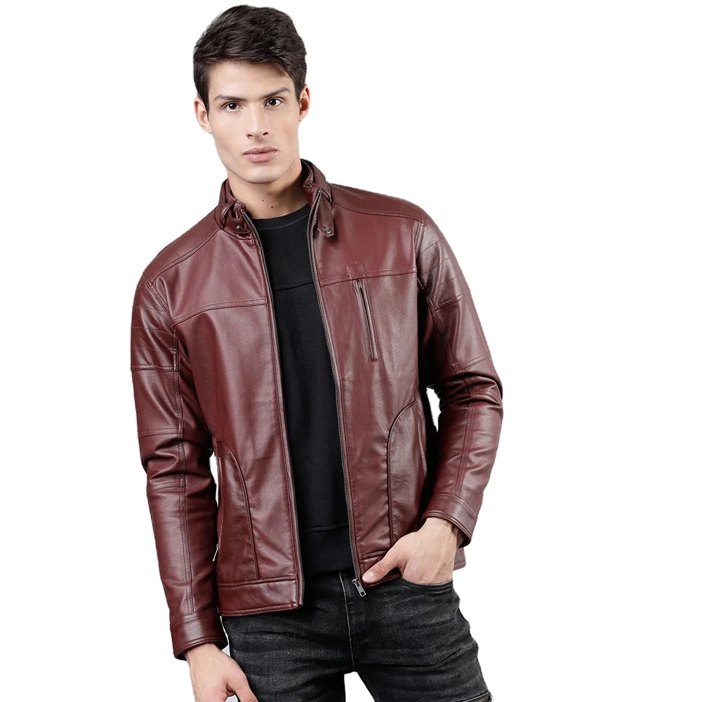 Maroon 2022 Leather Jacket Men High Quality Zipper New Design Winter Full Sleeved Lightweight Solid Leather Jacket For Men