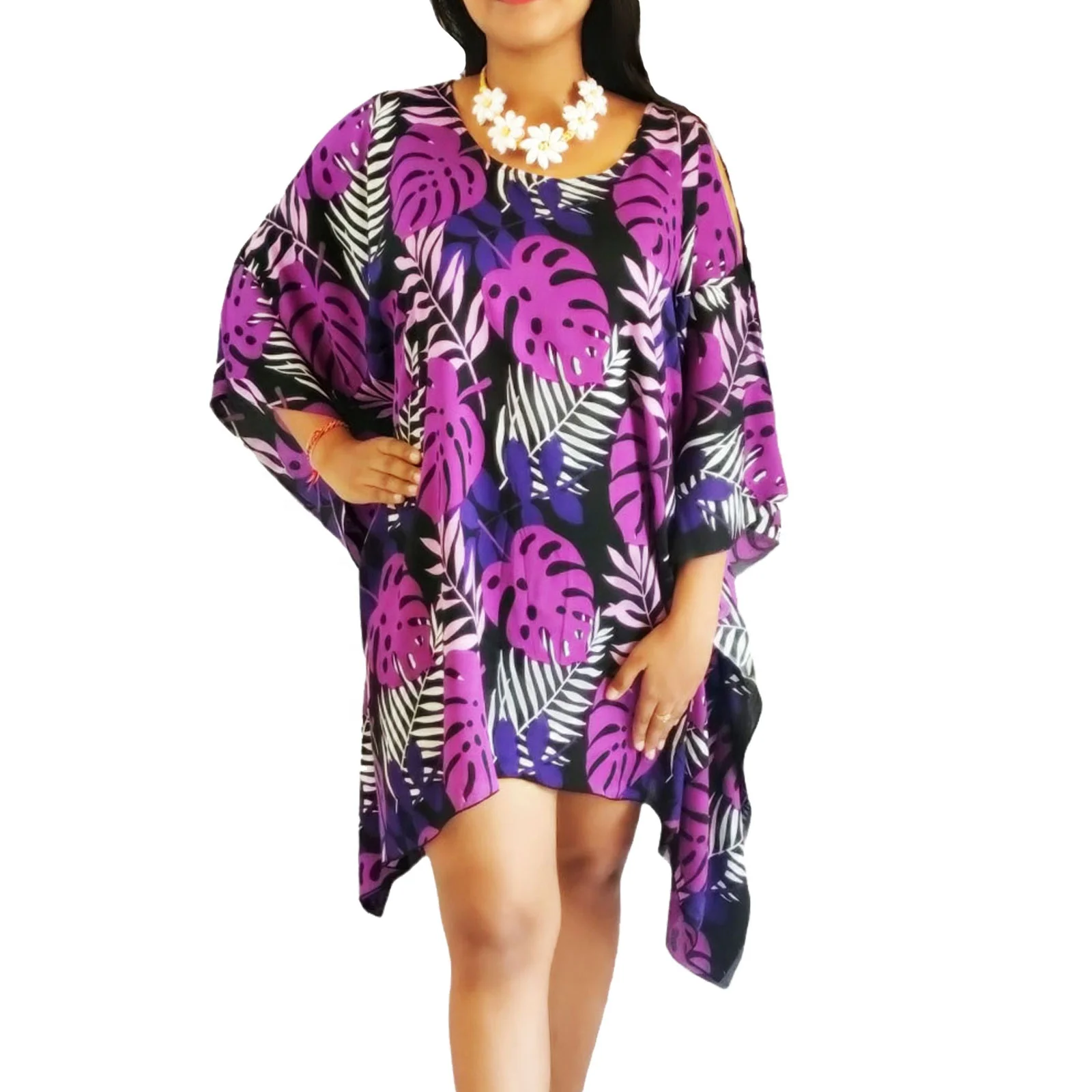 NEW arrival poncho dress 100% rayon leaf printed hole shoulder casual dresses cover up summer beach dress